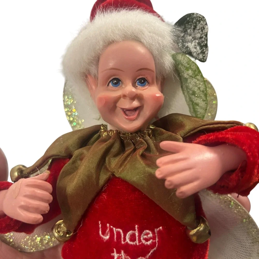 Christmas Elf Fairy Ornament Under the Mistletoe Red Velvet Jingle Bells 12in